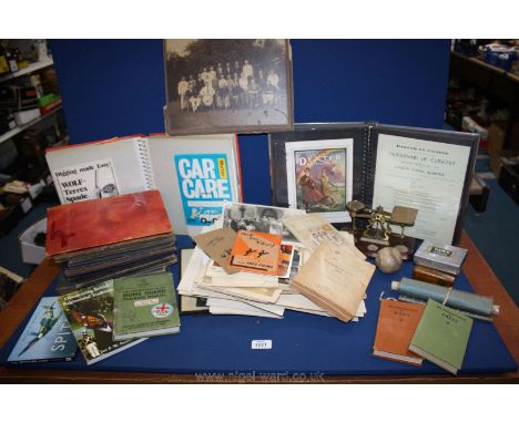 A box of Ephemera including empty photograph albums, sale particulars, wedding photographs, Home Guard book, letters, program
