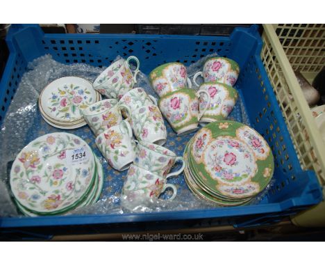 Two coffee sets, one being Grafton including four cups and saucers (green/white), the other Minton 'Haddon Hall' including si
