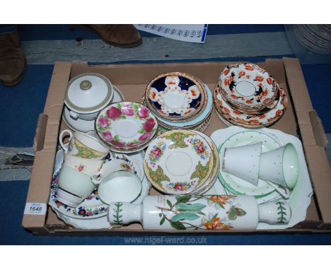 A quantity of mixed cups and saucers, Portmeirion rolling pin, Denby dish and saucer etc