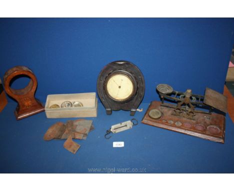 A quantity of miscellanea including Post Office Scales, Horseshoe barometer and others.