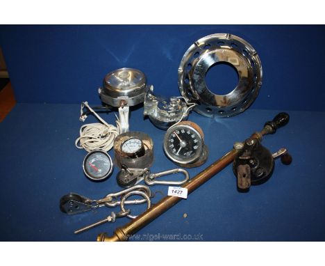 A spot light, circuit checking volt meter, Clearhoots England chromium plated car horn, VDO fuel gauge, Semanco 94027 hand-cr