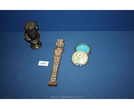 A small quantity of miscellanea including cloisonne trinket pot, metal bust of a man and a metal ornament in the form of a bu