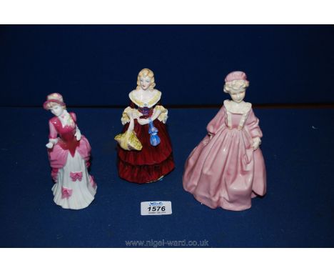 Two Coalport figurines 'Miss Sarah' and 'Rosalinda' and a Royal Worcester figurine 'Grandmother's dress' modelled by Freda Do