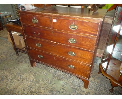 A 19th c. Mahogany Chest of three long and two short Drawers having oval back plate metal drop handles and standing on bracke
