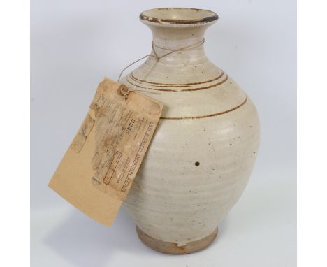 HENRY F HAMMOND (1914-88), a stoneware vase with iron banding, with part of purchase label for Arts & Crafts Exhibition Socie