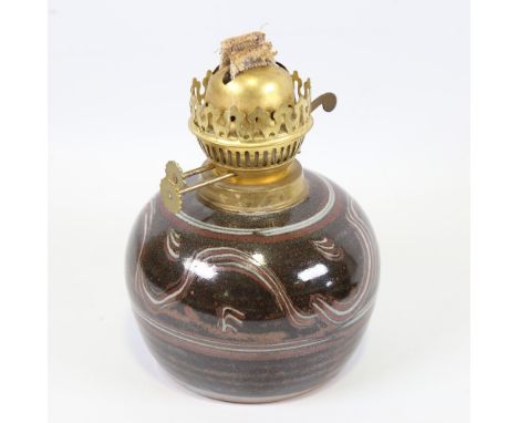 RAY FINCH, Winchcombe studio pottery, oil lamp base, impressed makers markThe well and fittings are in good condition, there 