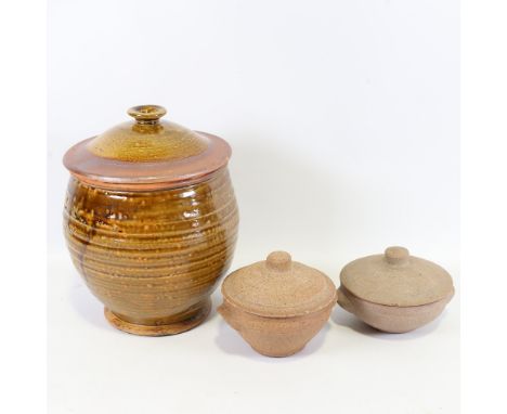 DAVID LEACH, Lowerdown pottery standardware bowl and cover, St Ives pottery bowl and cover and a large storage jar, tallest 2