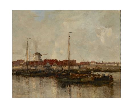 WILLIAM ALFRED GIBSON (SCOTTISH 1866-1931)MOORED BARGES BY A CANALSIDE TOWN Signed, oil on canvas41cm x 51cm (16in x 20in)