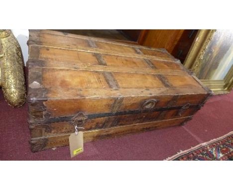 A 19th century iron bound camphor wood trunk, H.32 W.93 D.52cm 