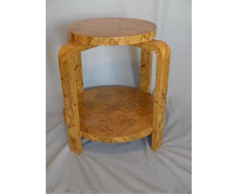 An Art Deco burr walnut two tier lamp table, H.63 W.67 D.67cm 