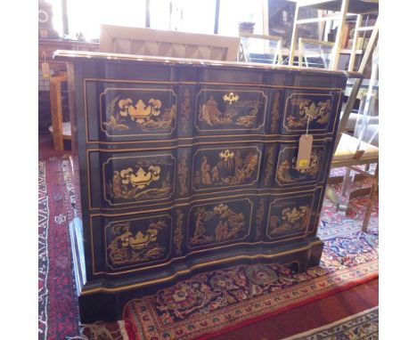 A Drexel Heritage black lacquered chest of three graduating drawers, in the Chinoserie taste, with gilt highlights decorated 