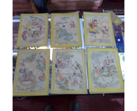 A set of seven 19th Century Chinese figural watercolours, H.22cm W.55cm, along with a pair of Chinese carved bone fans (9) 