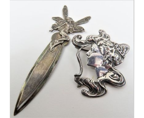 A modern silver brooch in the Art Nouveau style, of a lady in profile, Birmingham, imported, 1994, CME Jewellery, 4.5cm long;