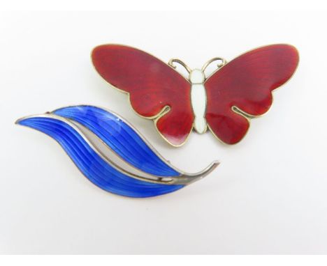 N M Thune - an enamel and silver butterfly brooch, in red and white enamel, tip to tip 6.5cm, 14.1g gross; together with a No