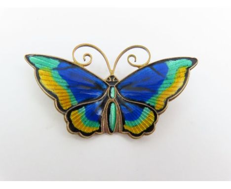 David Andersen - an enamel and silver butterfly brooch, in blue, green, yellow and black enamel, marked DAVID ANDERSEN NORWAY