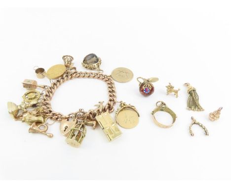 A 9ct rose gold curb link bracelet, with alternating patterned and plain links and heart shaped padlock, with various charms 