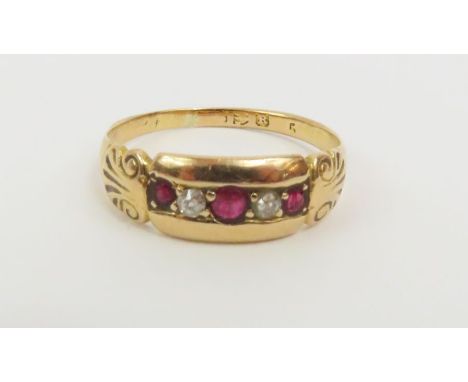 A late Victorian ruby and diamond five stone ring, with partial Chester hallmark, finger size Q 1/2, tests as 14-15ct gold, 2