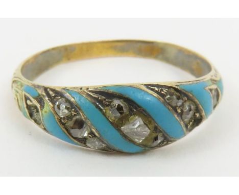 A Victorian old cut diamond and turquoise enamel ring, finger size P 1/2, tests as 18-2ct gold, 2.4g gross