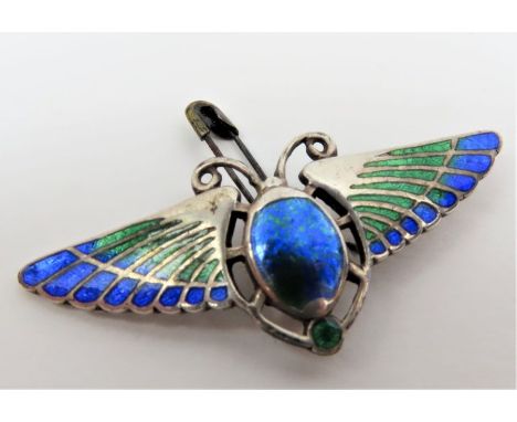 Charles Horner - a silver and enamel winged scarab beetle, originally part of a necklace or pendant, 4.5cm tip to tip