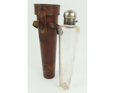A glass and plated mounted hunting flask, the tapering clear glass body with an electroplated captive bayonet locking cork li