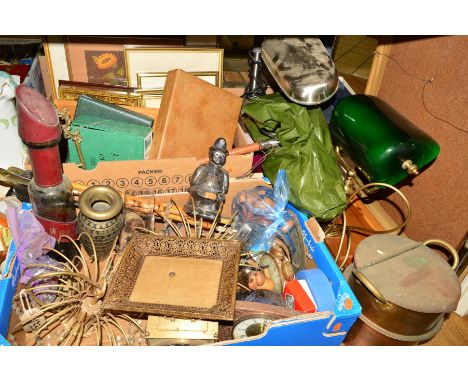 TWO BOXES AND LOOSE PICTURES, METALWARES, LAMPS, CLOCK, light fittings, framed print of a lady, copper vessel with hinged lid