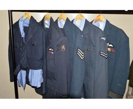 FIVE ITEMS OF R.A.F. UNIFORM JACKETS, some with trousers and shirts, WWII era Dress jacket/trousers/powder blue shirt with RA