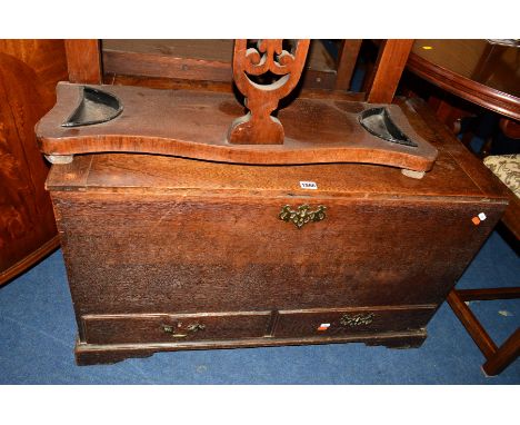 A GEORGIAN OAK MULE CHEST with two drawers on bracket feet, width 92cm x depth 45cm x height 56cm