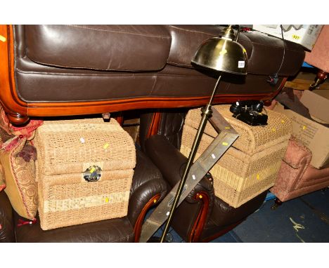 TWO WICKER STORAGE BOXES together with a metal fender, vintage wall telephone and a standard lamp (5)