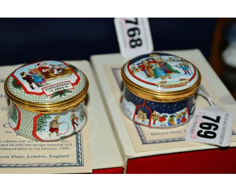 TWO BOXED HALCYON DAYS ENAMEL CHRISTMAS BOXES, 1993 and 1994 (both with certificates) (2)
