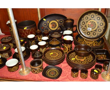 DENBY 'ARABESQUE' DINNERWARES, to include plates, coffee/teapot, cups, coffee cups, saucers, egg cups, jugs, cruet set, cover