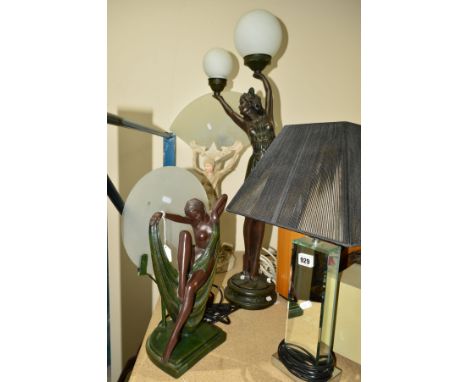 FOUR VARIOUS TABLE LAMPS, to include a Next mirrored lamp, and three Deco style figural lamps (Academy, Crosa etc), approxima