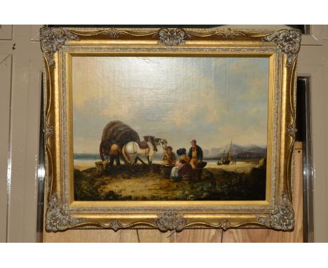 MANNER OF WILLIAM SHAYER (BRITISH 1787-1879), THE KELP GATHERERS, grey pony and covered cart with four figures on a beach, bo