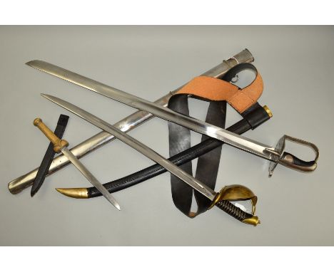 A BOX CONTAINING THREE BLADED ITEMS, dagger with X marked on both sides of the blade near hilt, with wooden grip and suede st