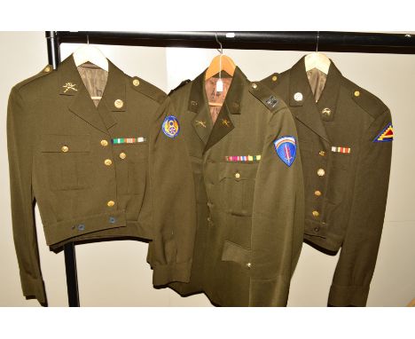 THREE WWII STYLE US ARMY DRESS UNIFORM JACKETS, two short Battle Dress, all with ribbons collar dogs, etc, Unit patches