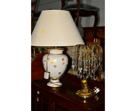 A DECORATIVE CERAMIC TABLE LAMP with a shade together with a brassed table lamp with glass droppers (2)