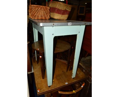 A VINTAGE BLUE ENAMEL AND GALVANISED TOPPED TABLE, width 84cm x depth 56cm x height 80cm