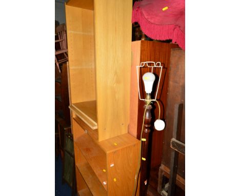 A LIGHT OAK OPEN BOOKCASE together with a smaller oak bookcase and a standard lamp (3)