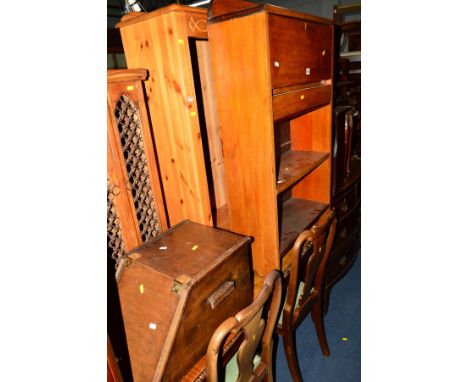 A PINE OPEN BOOKCASE together with a walnut slim fall front bureau, an Edwardian oak metamorphic child's high chair, a hardwo