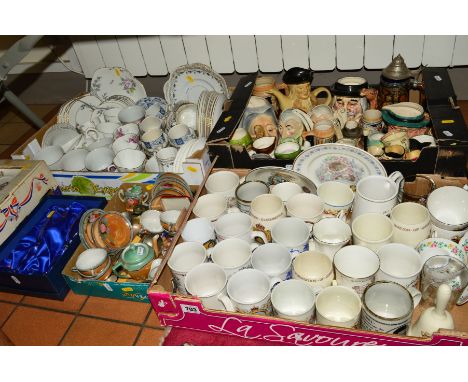 FOUR BOXES AND LOOSE CERAMICS, SUNDRY ITEMS etc, to include boxed Royal commemorative teapot, various toby/character jugs/tea