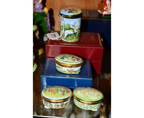 A BOXED STAFFORDSHIRE ENAMEL BOX, horse racing theme, together with three Halcyon Days enamel boxes, 'The Royal Enclosure at 
