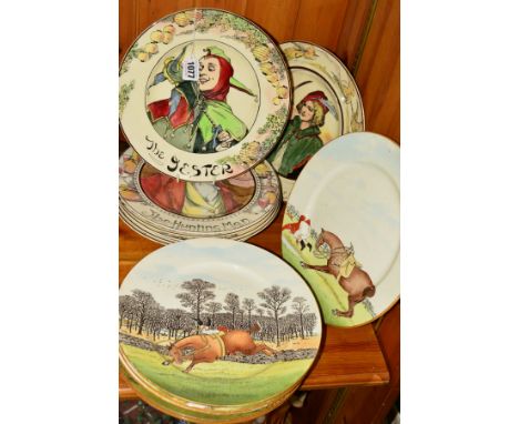 A SET OF EIGHT ROYAL DOULTON SERIES WARE PLATES, 'The Jester', 'The Falconer', 'The Hunting Man', 'The Mayor', 'The Squirrel'