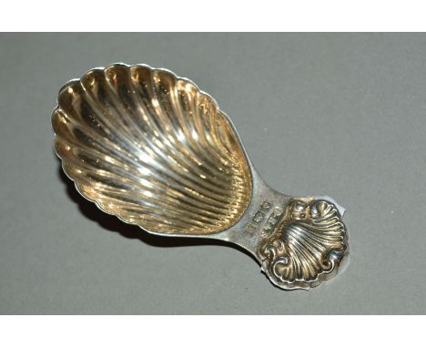 AN ELIZABETH II SILVER CADDY SPOON, with scallop shell handle and bowl, maker David Hollander &amp; Son, Birmingham 1970, 0.6