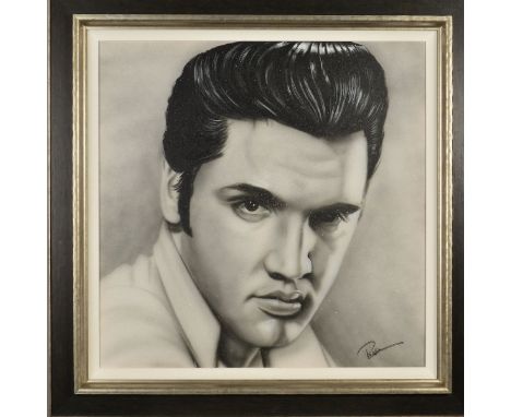 PAUL KARSLAKE (BRITISH CONTEMPORARY) 'ELVIS PRESLEY II' a portrait of the singer, signed lower right, monochrome airbrush spr