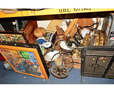 A TIN CHEST AND WOODEN CRATE containing various miscellaneous ceramics and cooking appliances including a pair of brass outdo