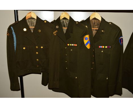 THREE ITEMS OF USA WWII STYLE ARMY UNIFORM JACKETS, short jacket, maker marked and dated 1967 ? Blue lanyard on shoulder, gol