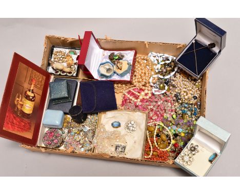 A BOX OF COSTUME JEWELLERY, to include mainly mid 20th Century pieces, including glass bead necklaces, plastic bead necklaces