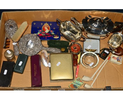 A BOX OF SILVER, SILVER PLATE AND COLLECTABLES, including silver backed dressing table items, an EPNS three piece tea set, pi