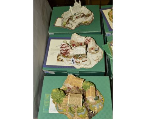 THREE BOXED LILLIPUT LANE SCULPTURES, to include limited edition 'First Snow At Bluebell' L2122, No980/3500 (with certificate