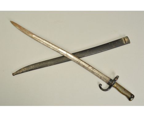 A FRENCH 1866 PATTERN 'CHASSEPOT' STYLE BAYONET AND SCABBARD, both blade and scabbard are numbered but not clearly visible, s