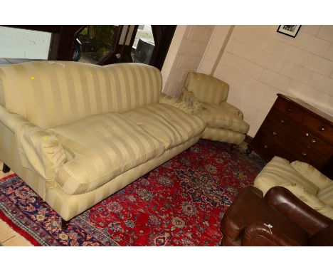A WESLEY-BARRELL EDWARDIAN STYLE THREE PIECE SUITE, in a fine wool wide stripe light coloured upholstery, feather seat cushio